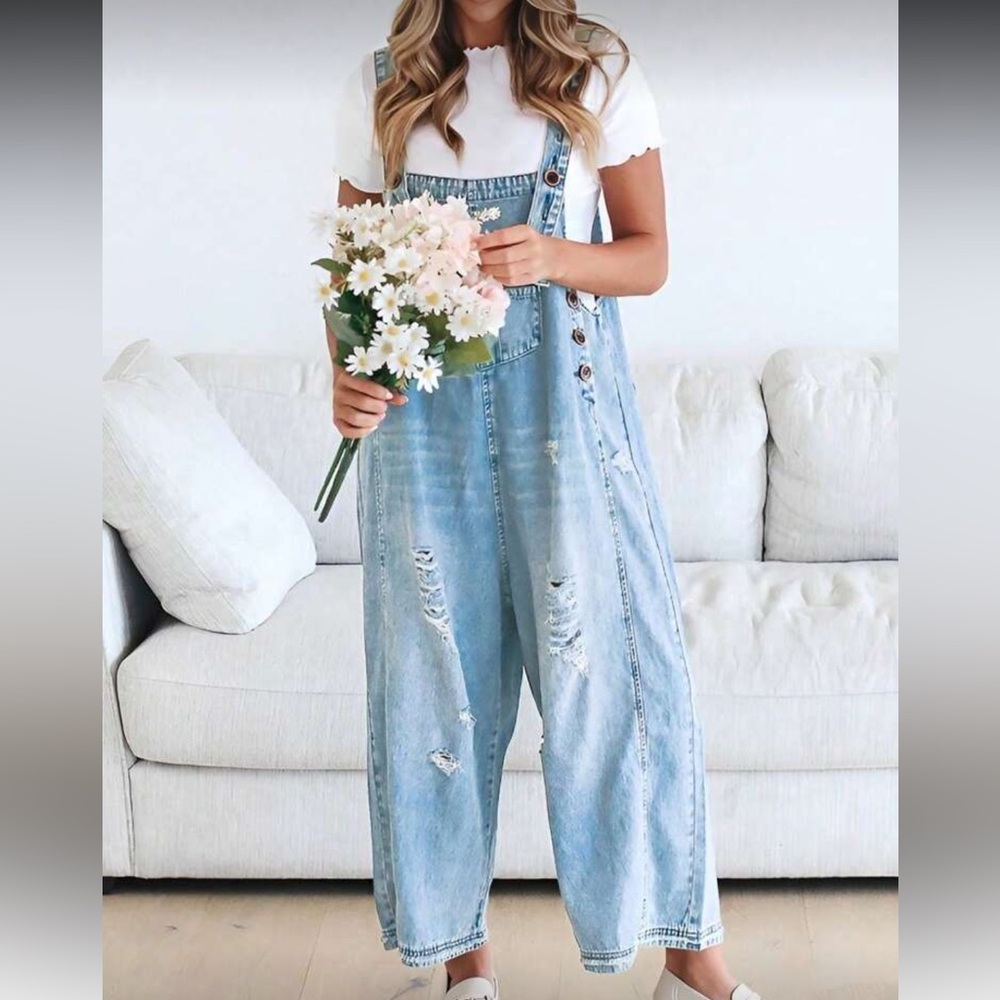 Distressed Wide Leg Adjustable Strap Denim Jean Overalls - Picture 5 of 8